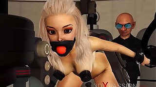 BDSM club. Hot low-spirited ball gagged tow-haired in restraints gets fucked hard by crazy Lilliputian in the lab